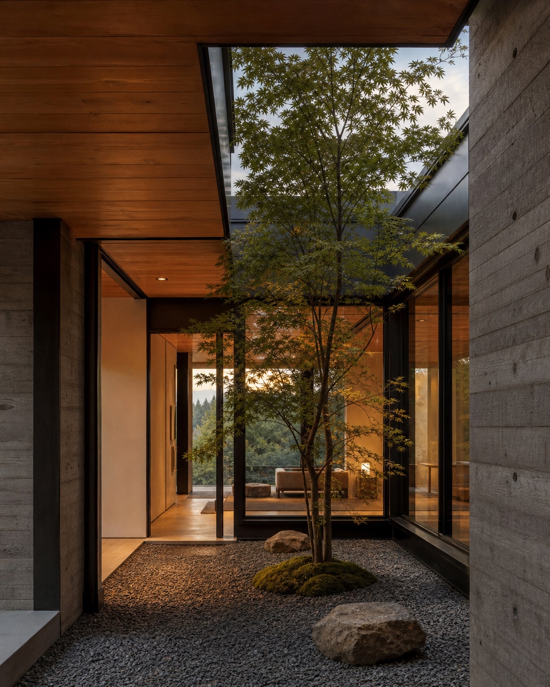 A private residential courtyard shaped by warm timber, concrete and natural light